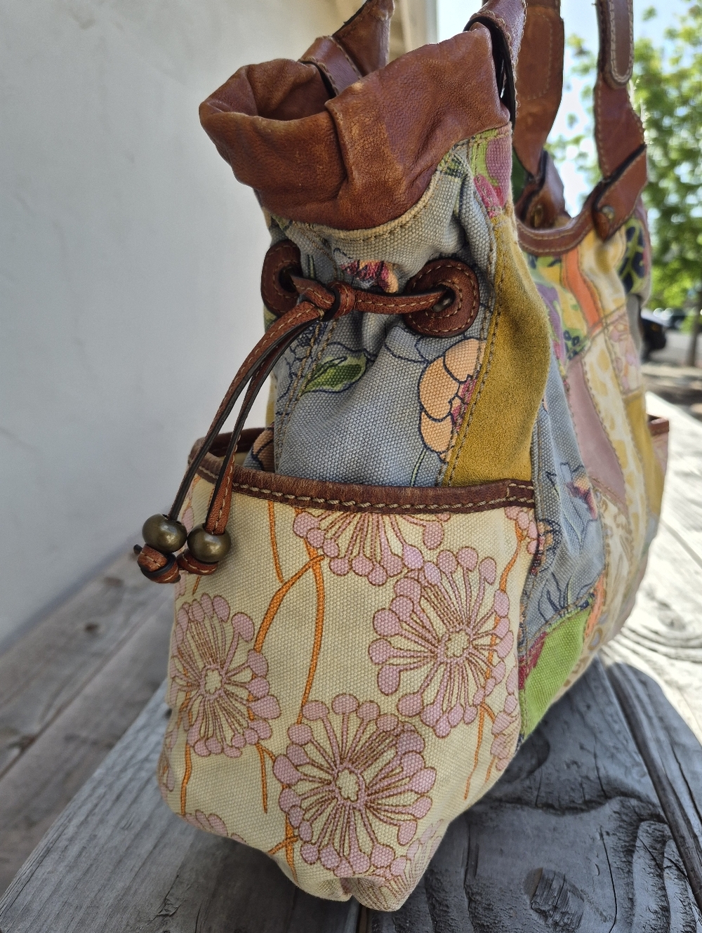 Fossil Patchwork Floral Multicolor Shoulder Bag - Brown Straps - Picture 5 of 13